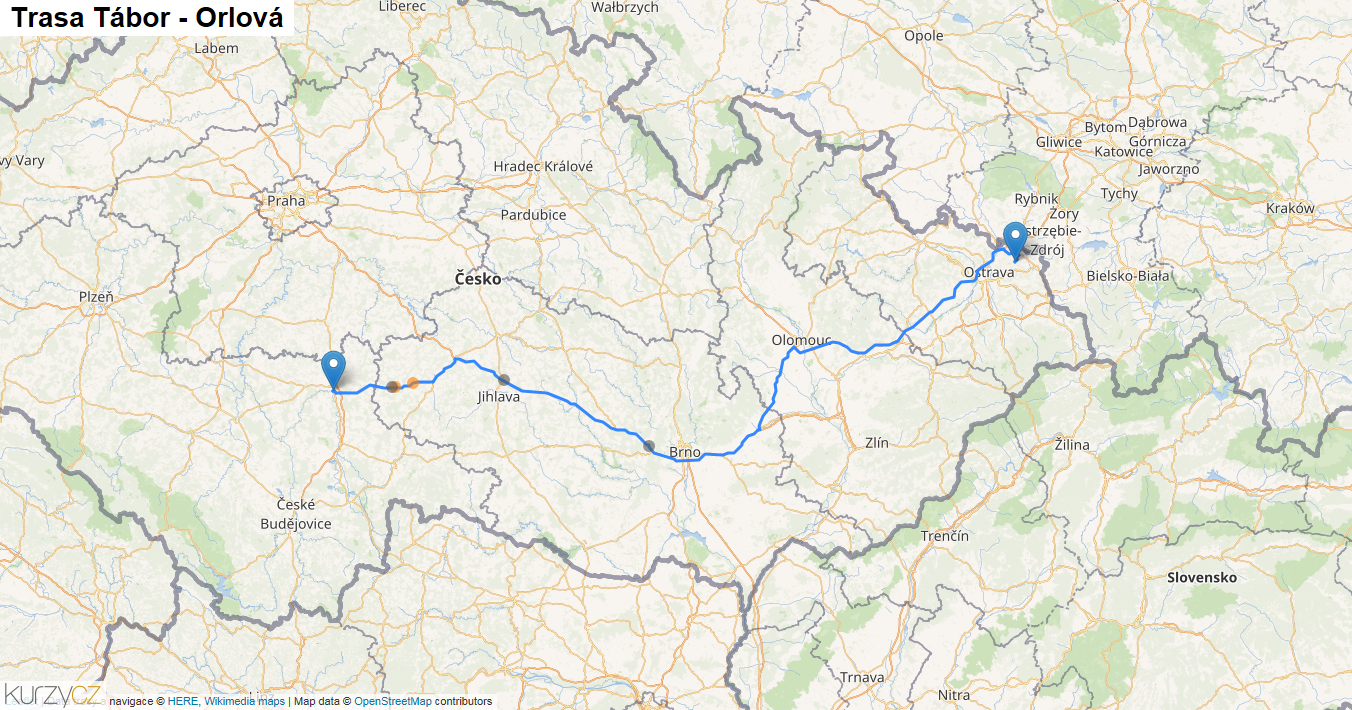 Tábor-Orlová, mapa trasy