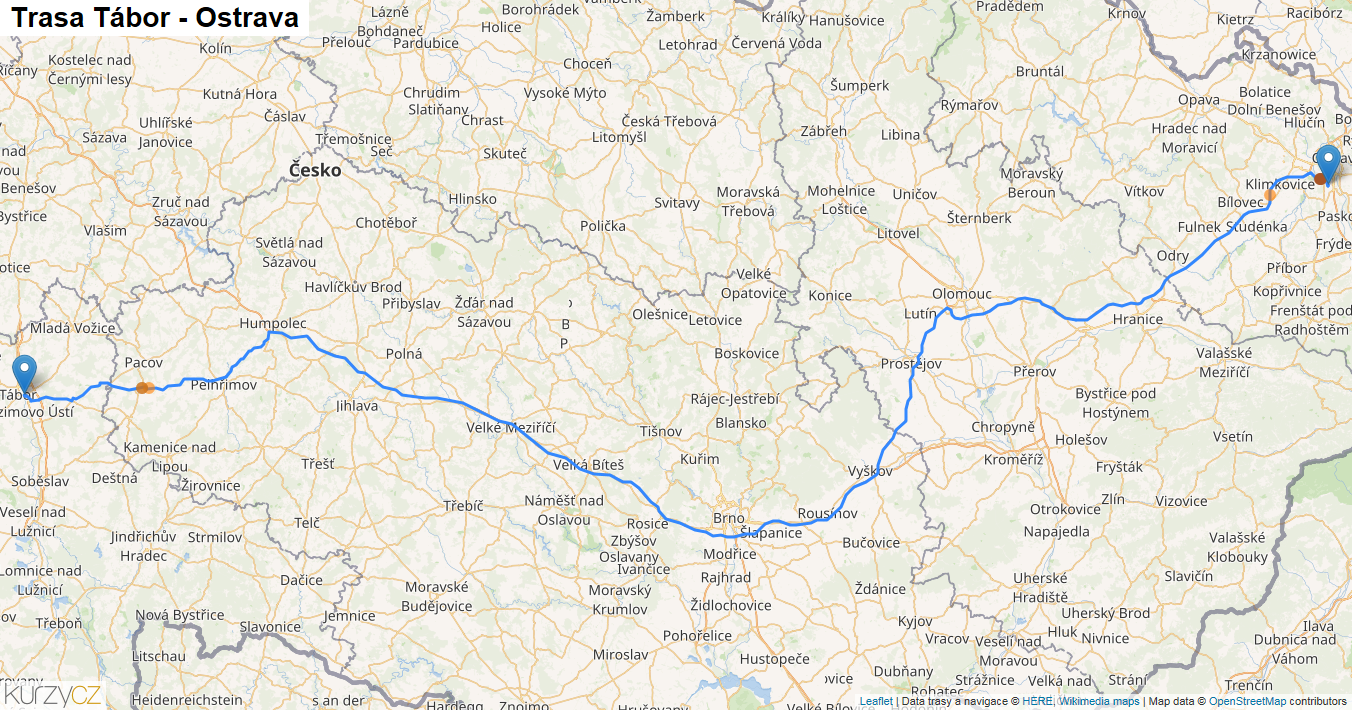 Tábor-Ostrava, mapa trasy