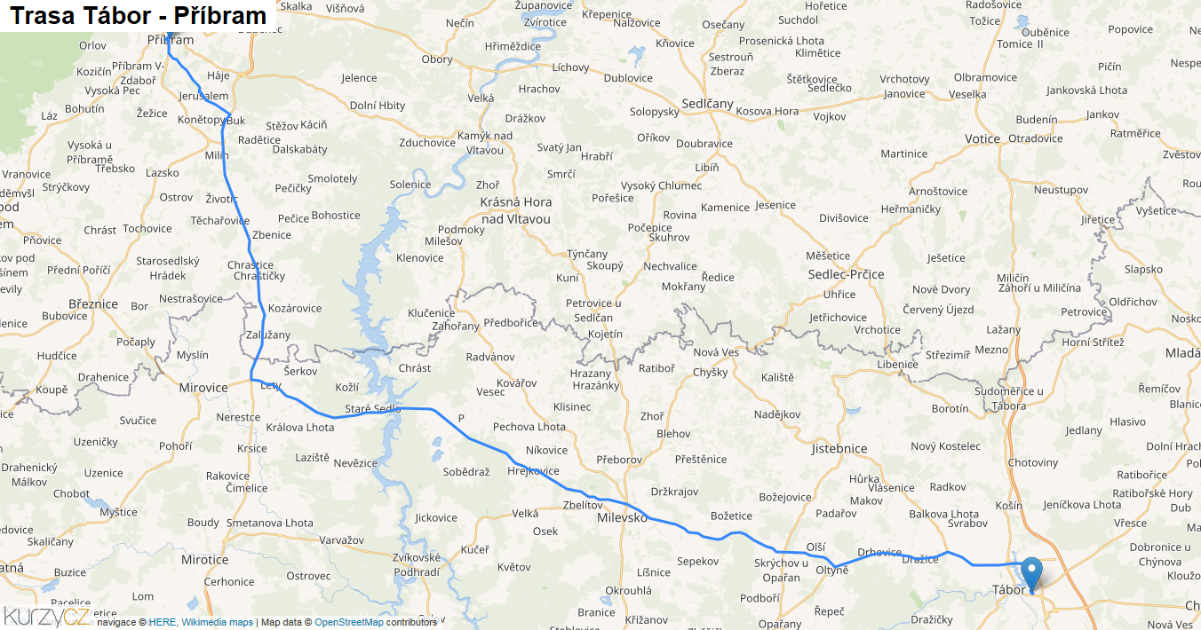 Tábor-Příbram, mapa trasy