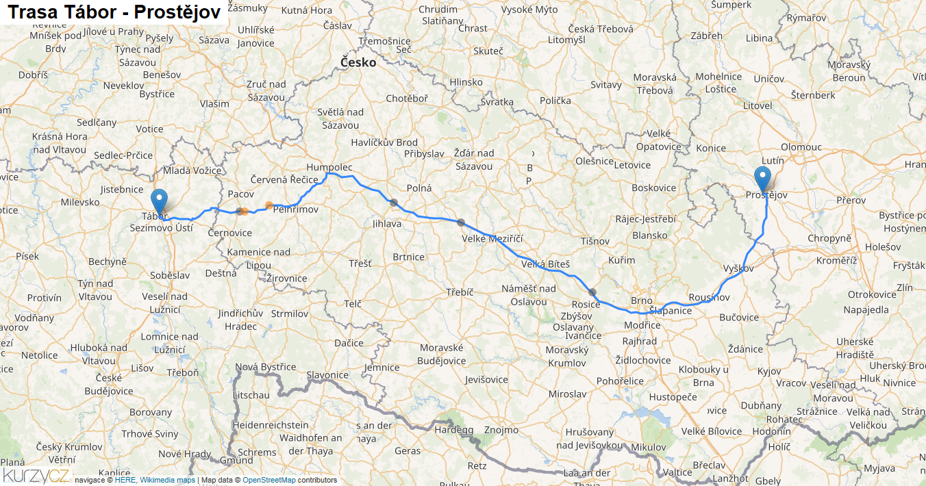 Tábor-Prostějov, mapa trasy