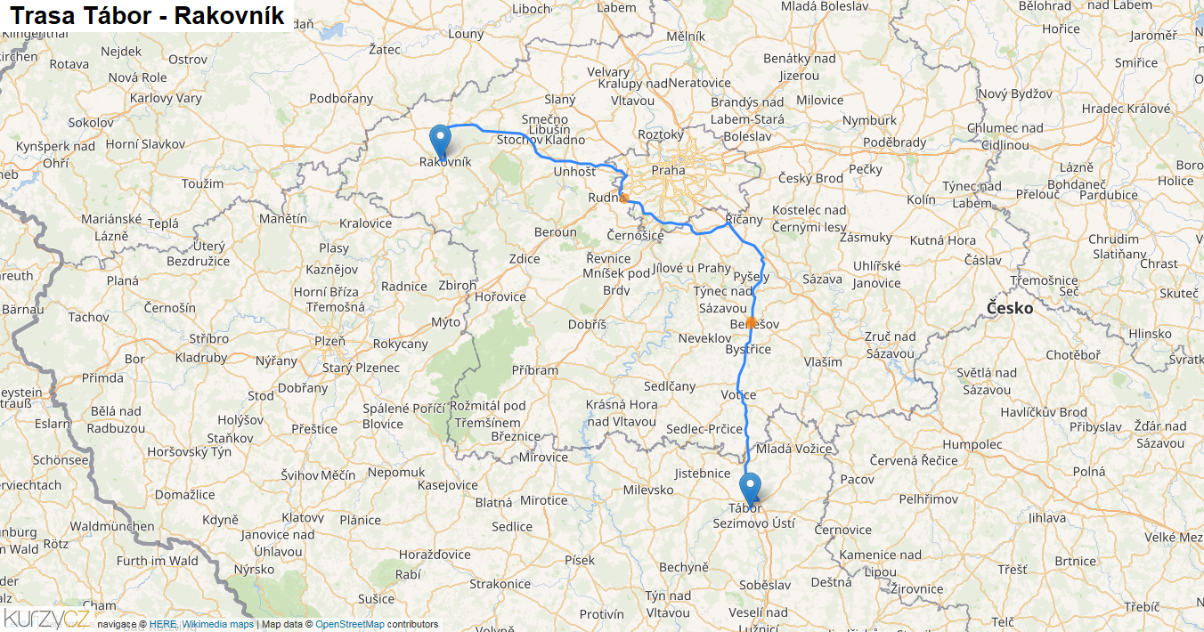 Tábor-Rakovník, mapa trasy