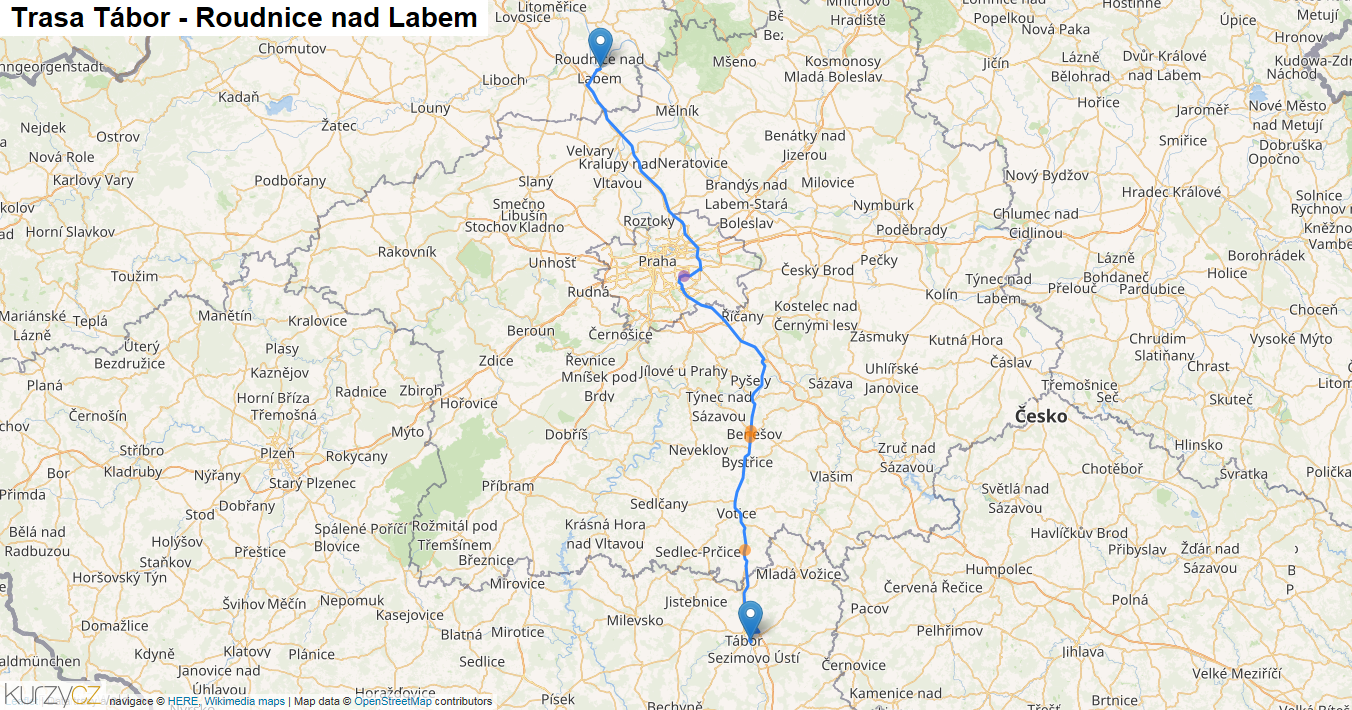 Tábor-Roudnice nad Labem, mapa trasy