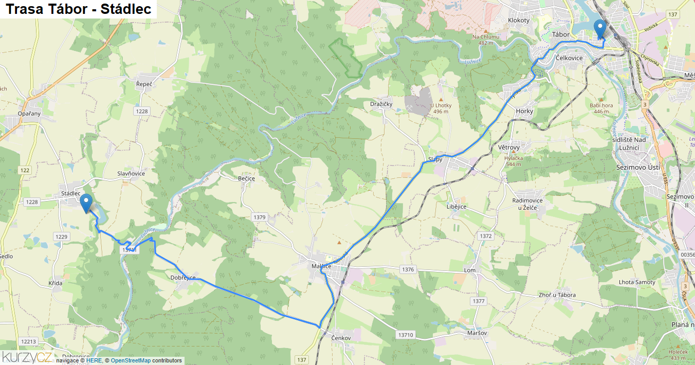 Tábor-Stádlec, mapa trasy