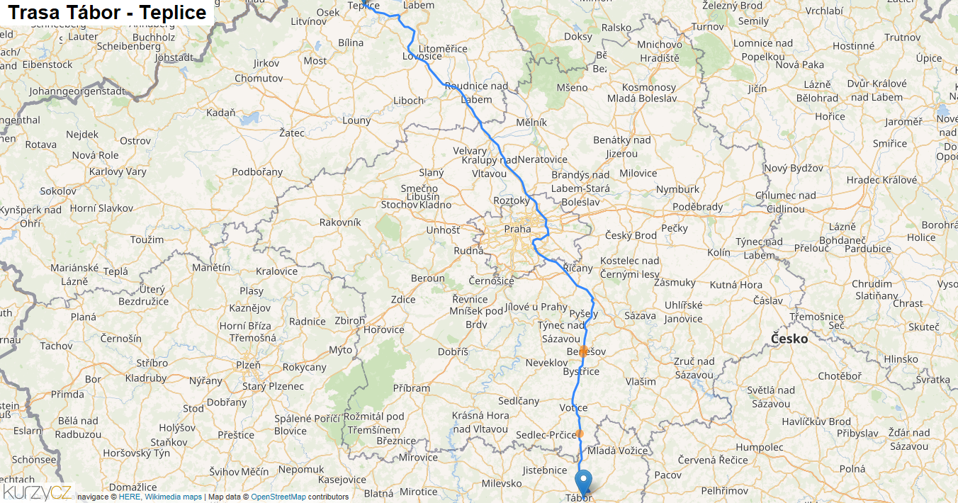 Tábor-Teplice, mapa trasy