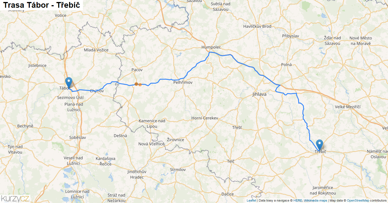 Tábor-Třebíč, mapa trasy