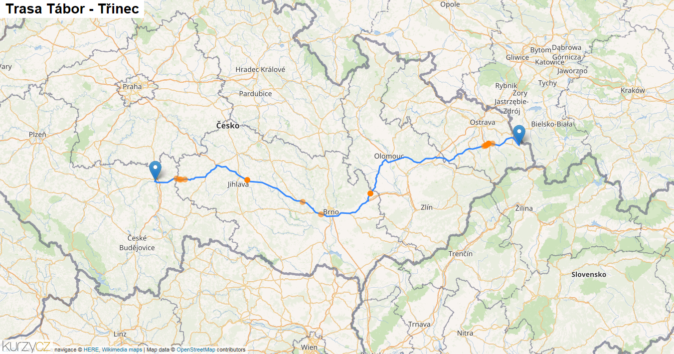 Tábor-Třinec, mapa trasy