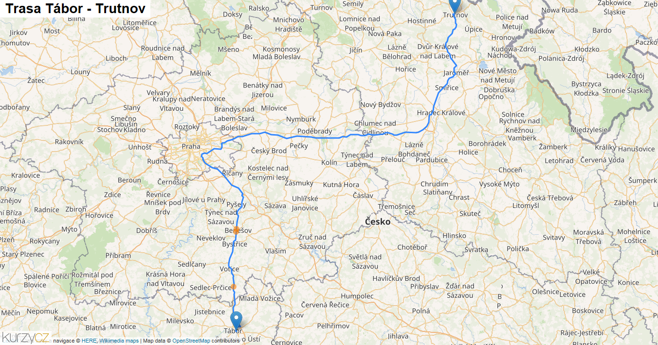 Tábor-Trutnov, mapa trasy