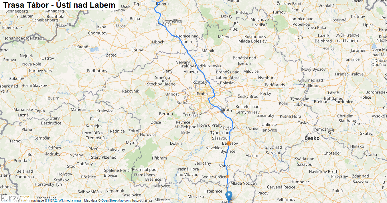 Tábor-Ústí nad Labem, mapa trasy