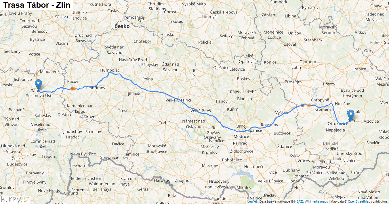 Tábor-Zlín, mapa trasy