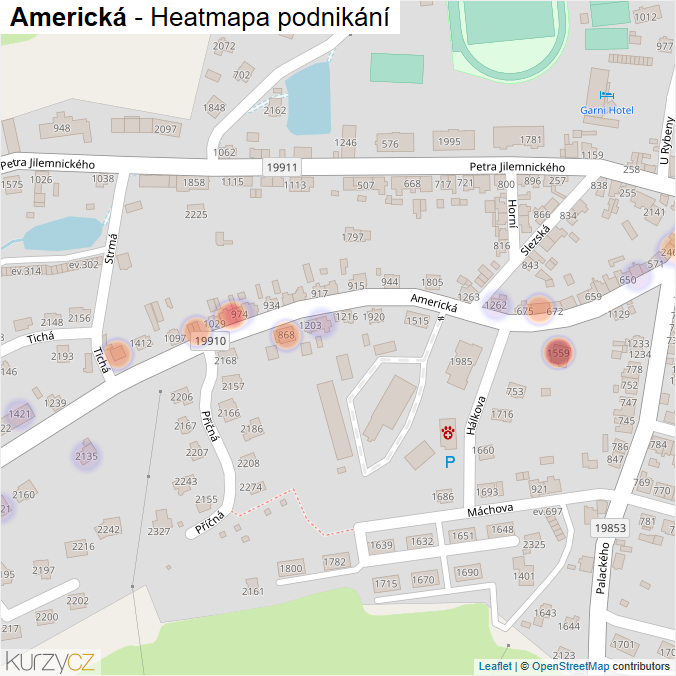 Mapa Americká - Firmy v ulici.