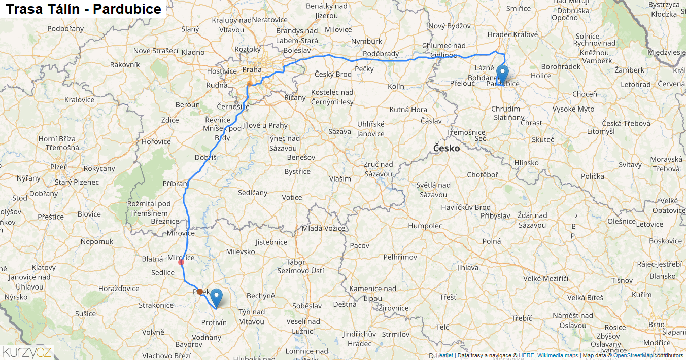Tálín-Pardubice, mapa trasy