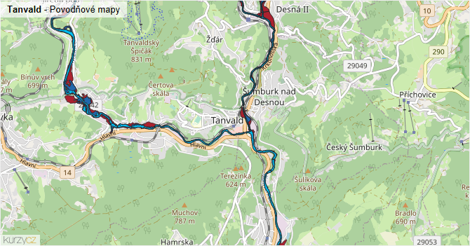 Tanvald - záplavové mapy stoleté vody