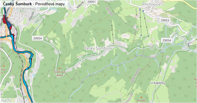 Český Šumburk - záplavové mapy stoleté vody