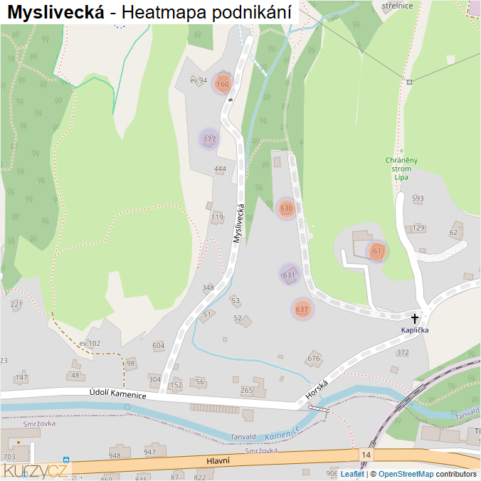 Mapa Myslivecká - Firmy v ulici.