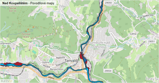 Nad Koupalištěm - záplavové mapy stoleté vody