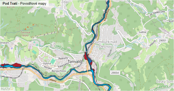 Pod Tratí - záplavové mapy stoleté vody