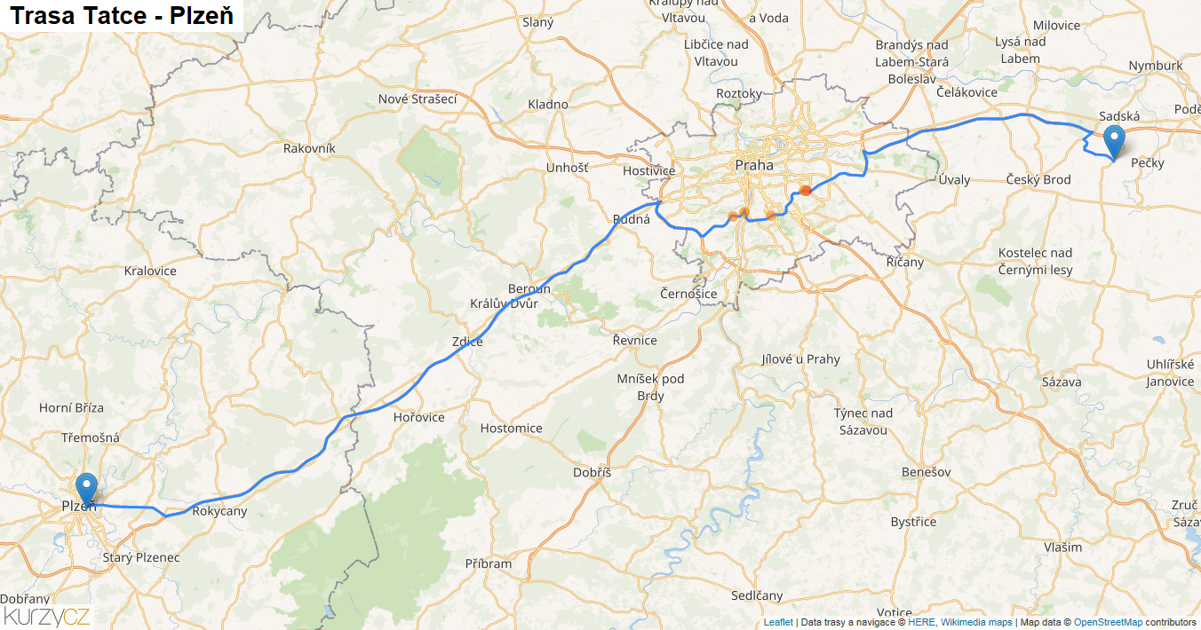 Tatce-Plzeň, mapa trasy