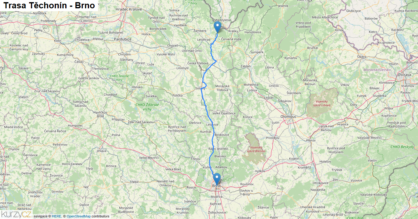 Těchonín-Brno, mapa trasy