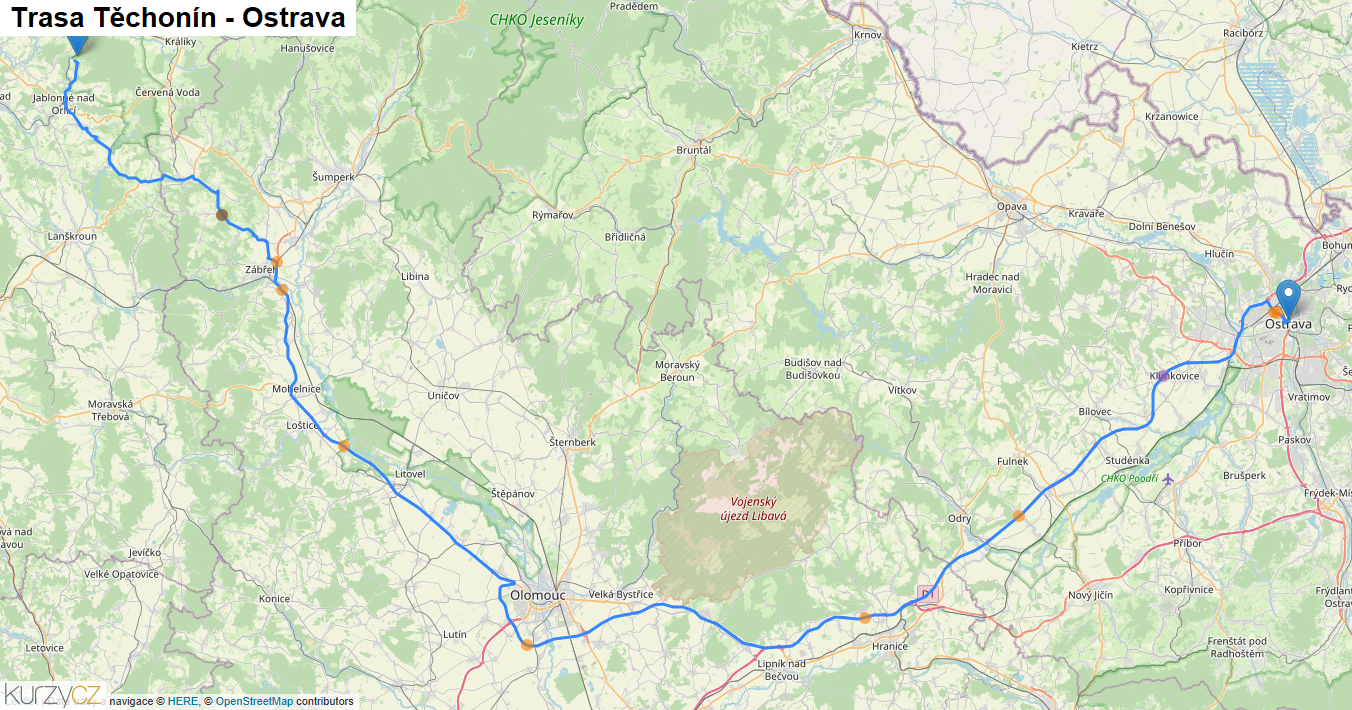 Těchonín-Ostrava, mapa trasy