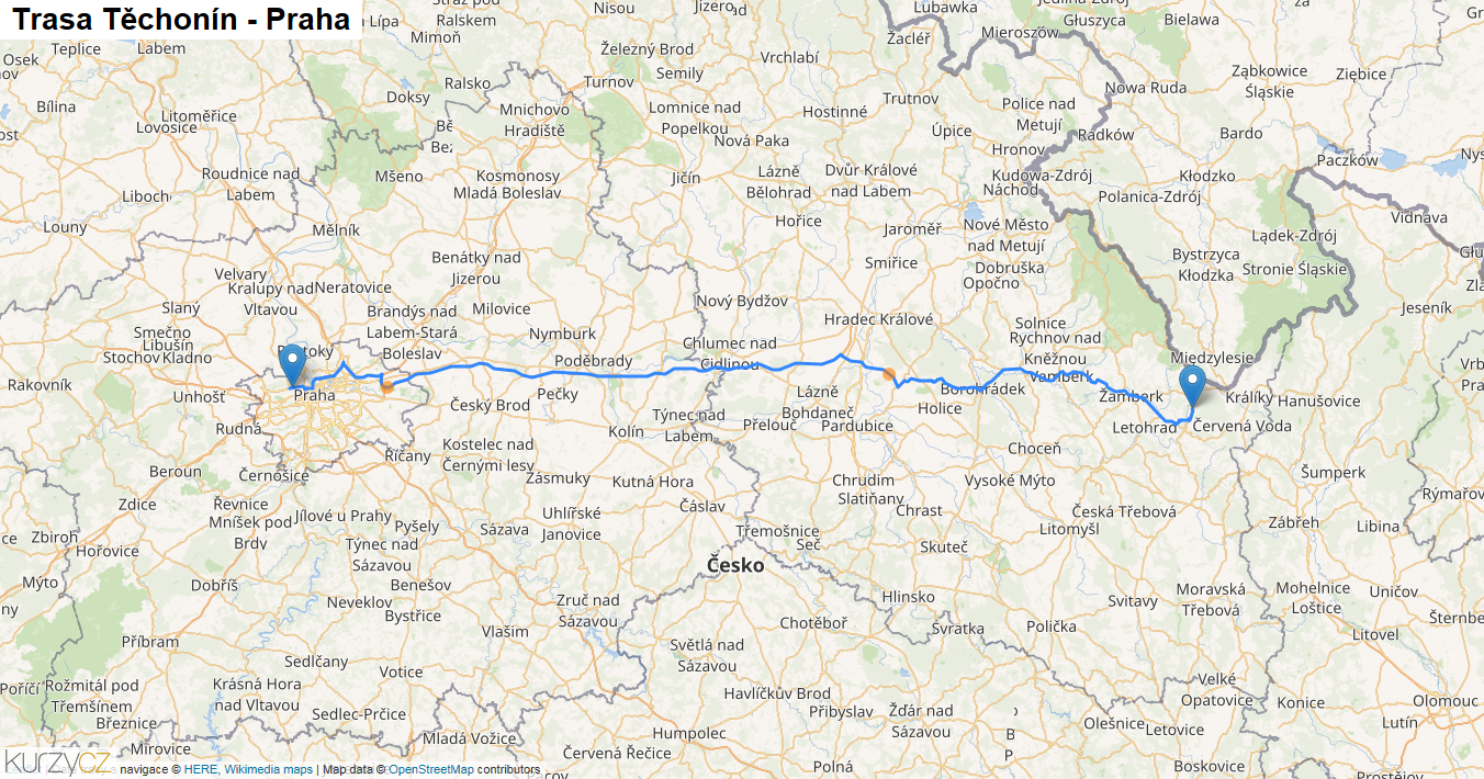 Těchonín-Praha, mapa trasy