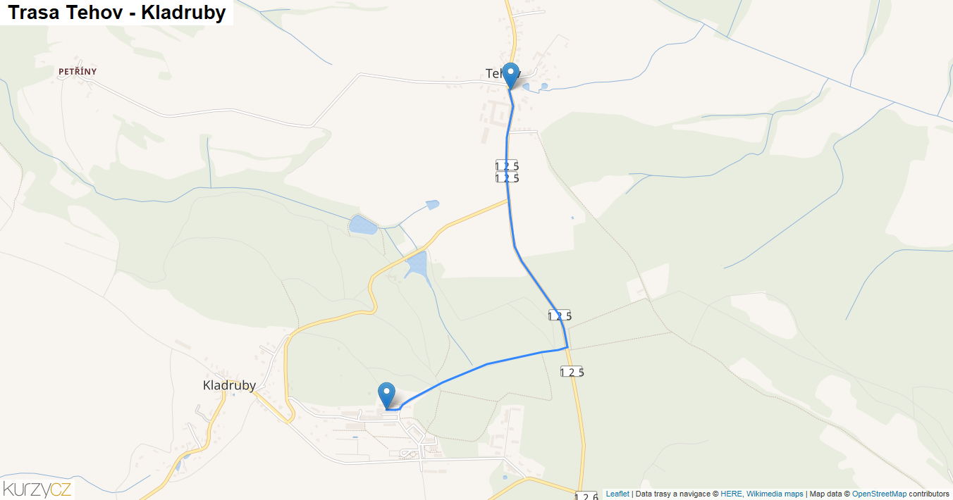 Tehov-Kladruby, mapa trasy