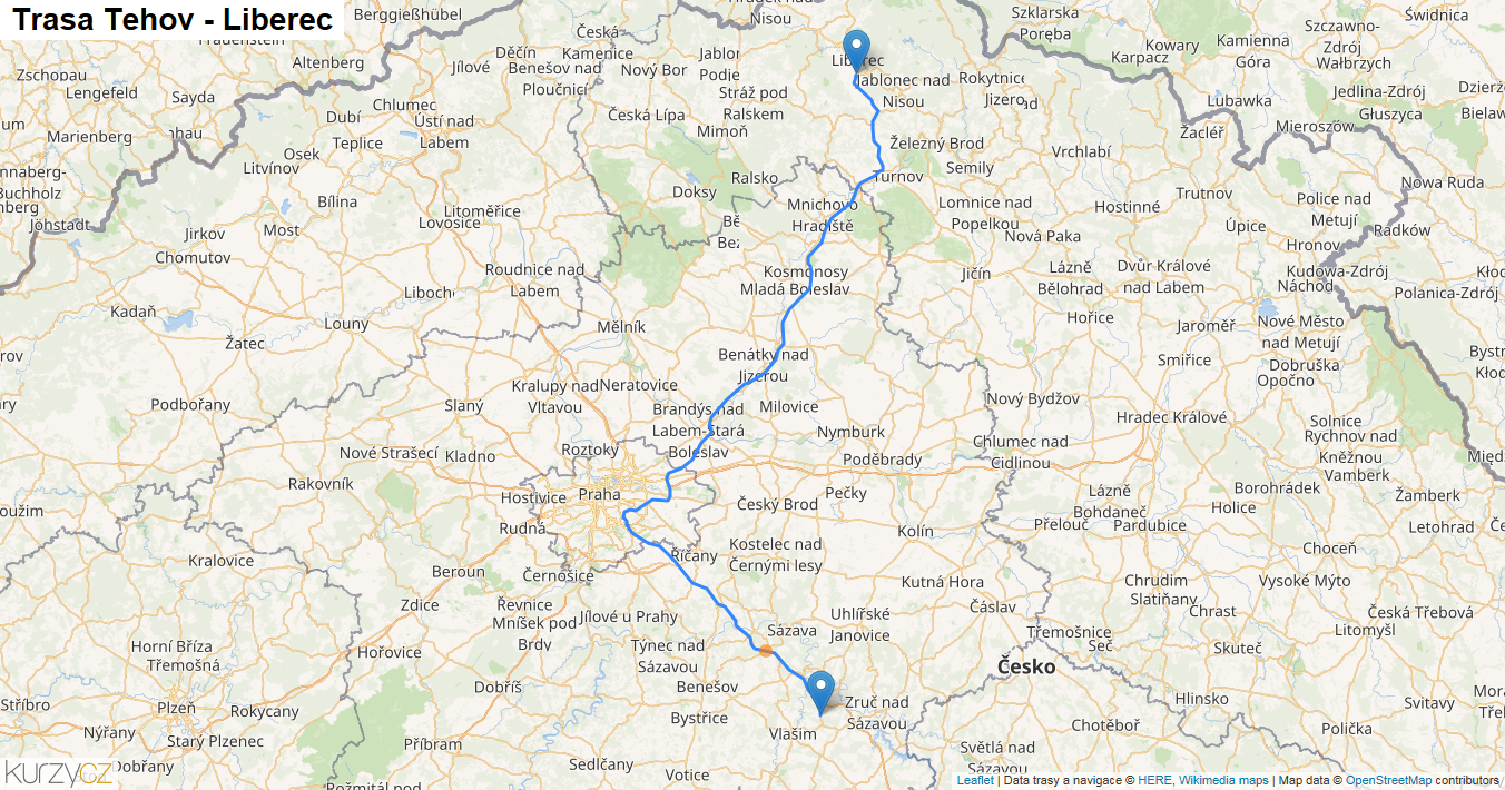 Tehov-Liberec, mapa trasy