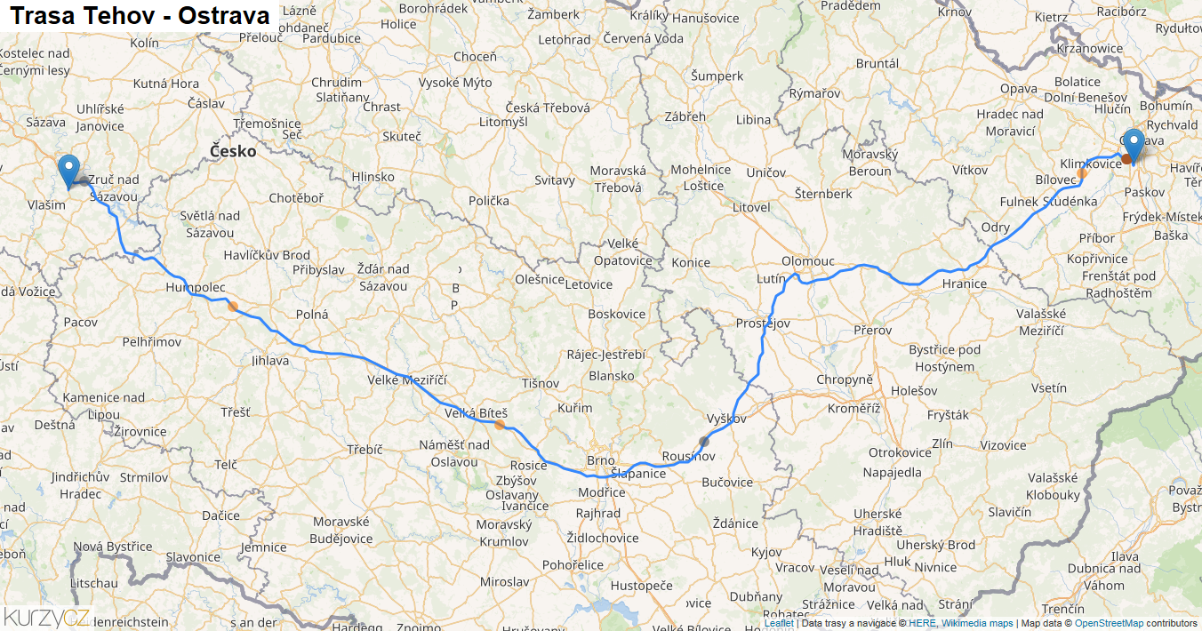 Tehov-Ostrava, mapa trasy