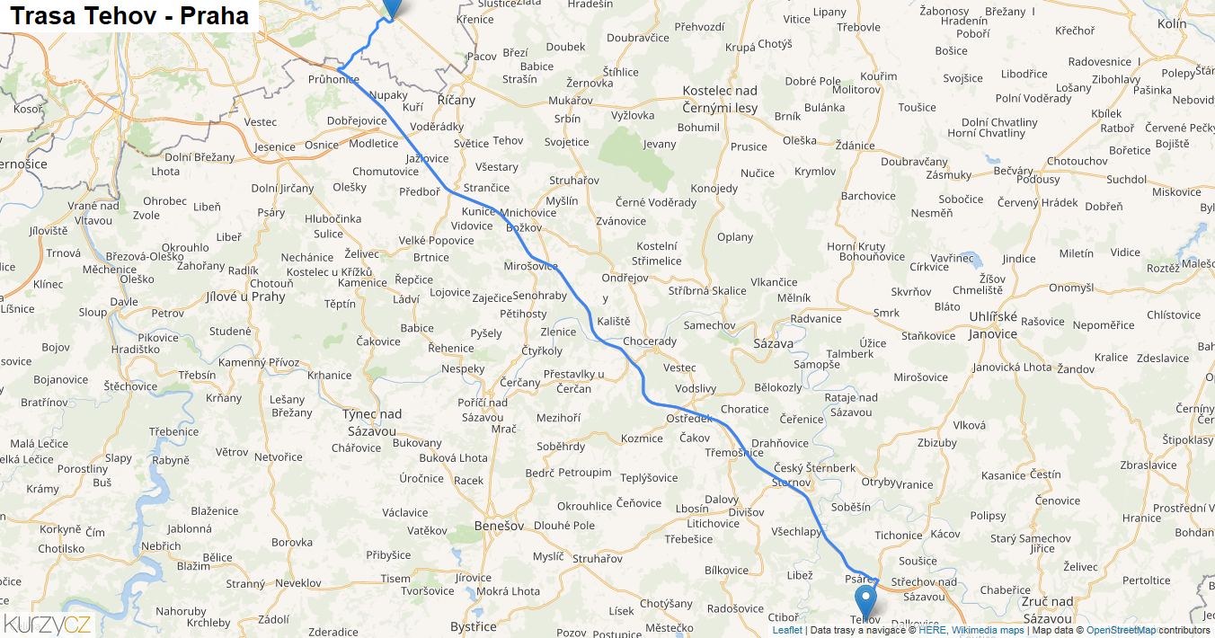 Tehov-Praha, mapa trasy
