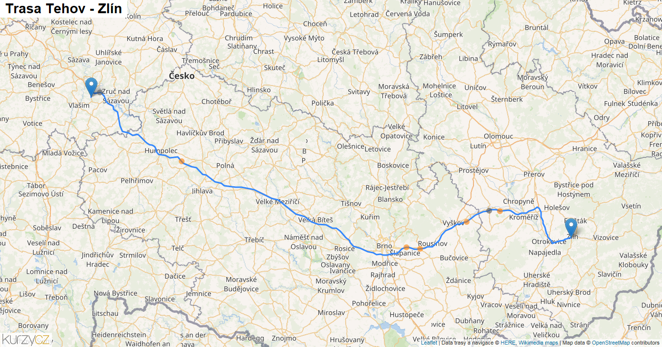 Tehov-Zlín, mapa trasy