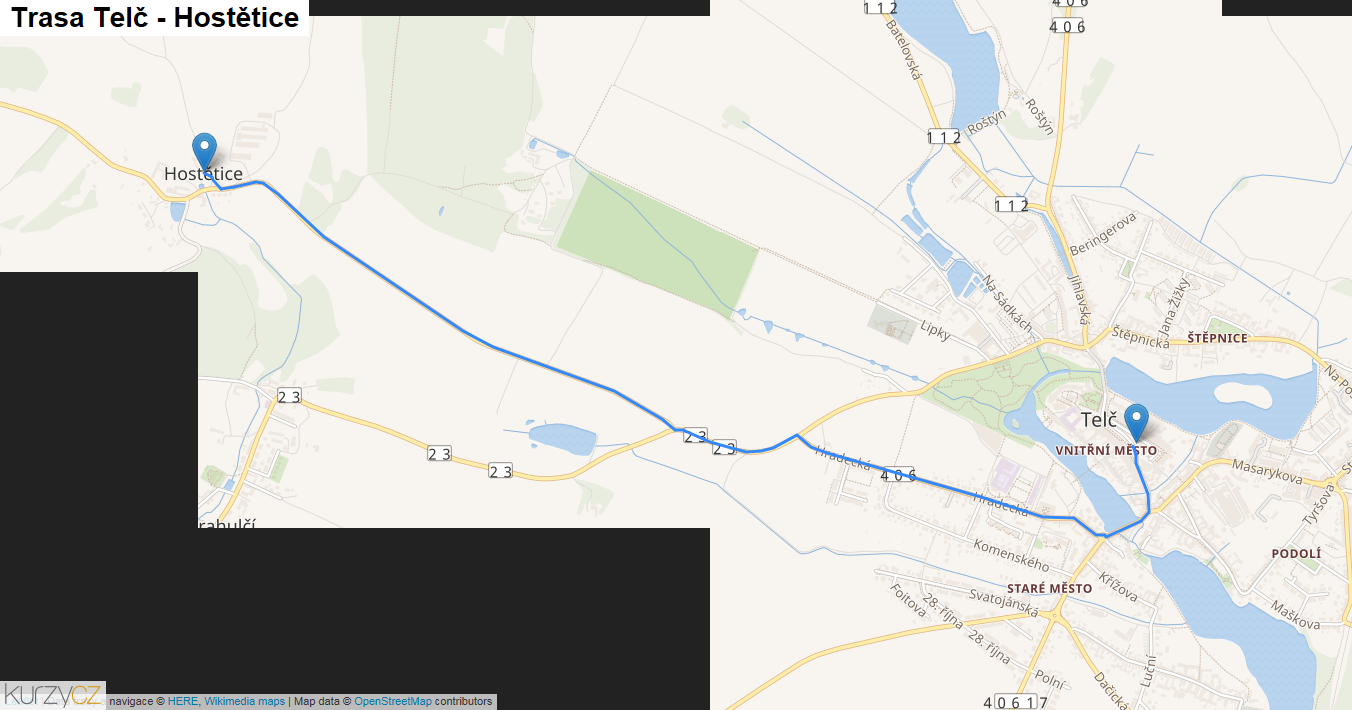Telč-Hostětice, mapa trasy