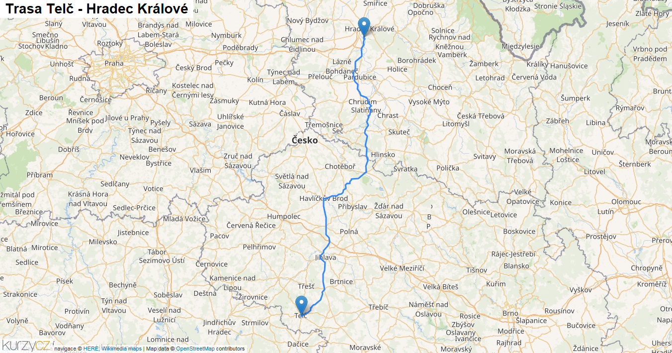 Telč-Hradec Králové, mapa trasy