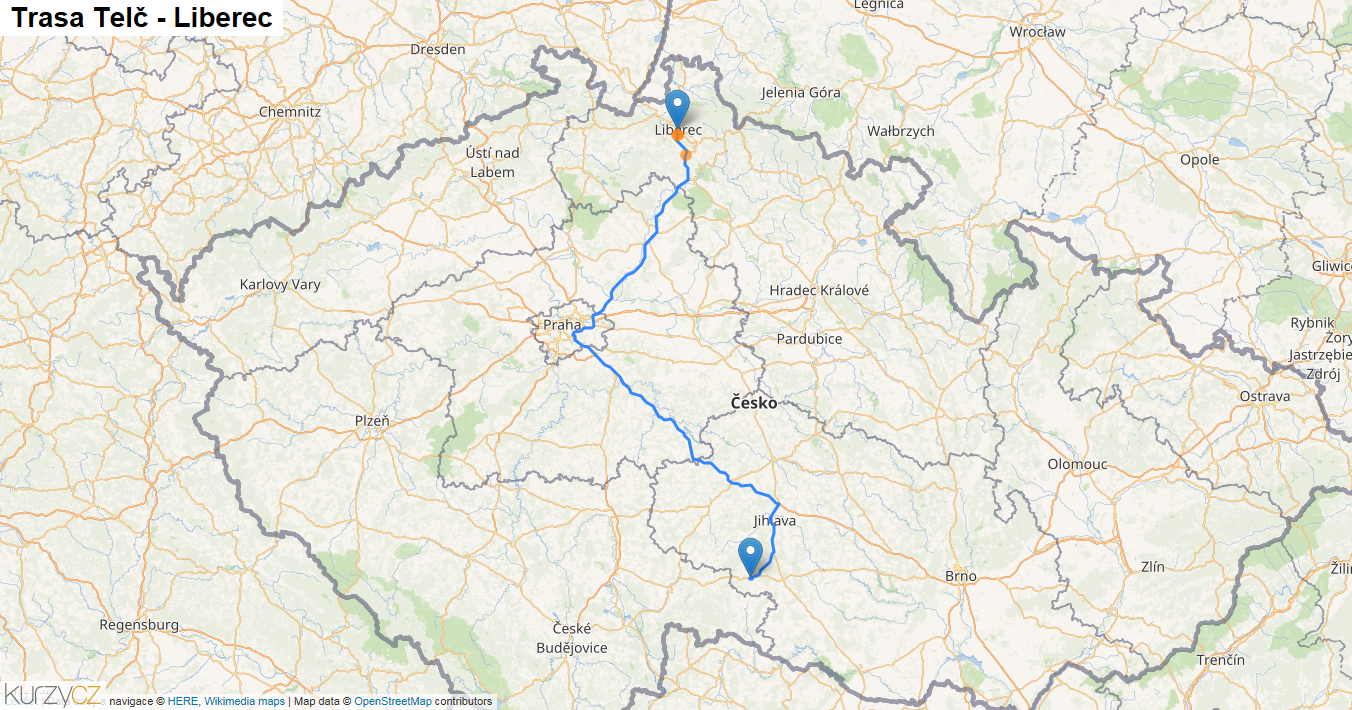 Telč-Liberec, mapa trasy