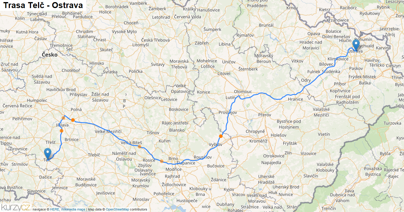 Telč-Ostrava, mapa trasy