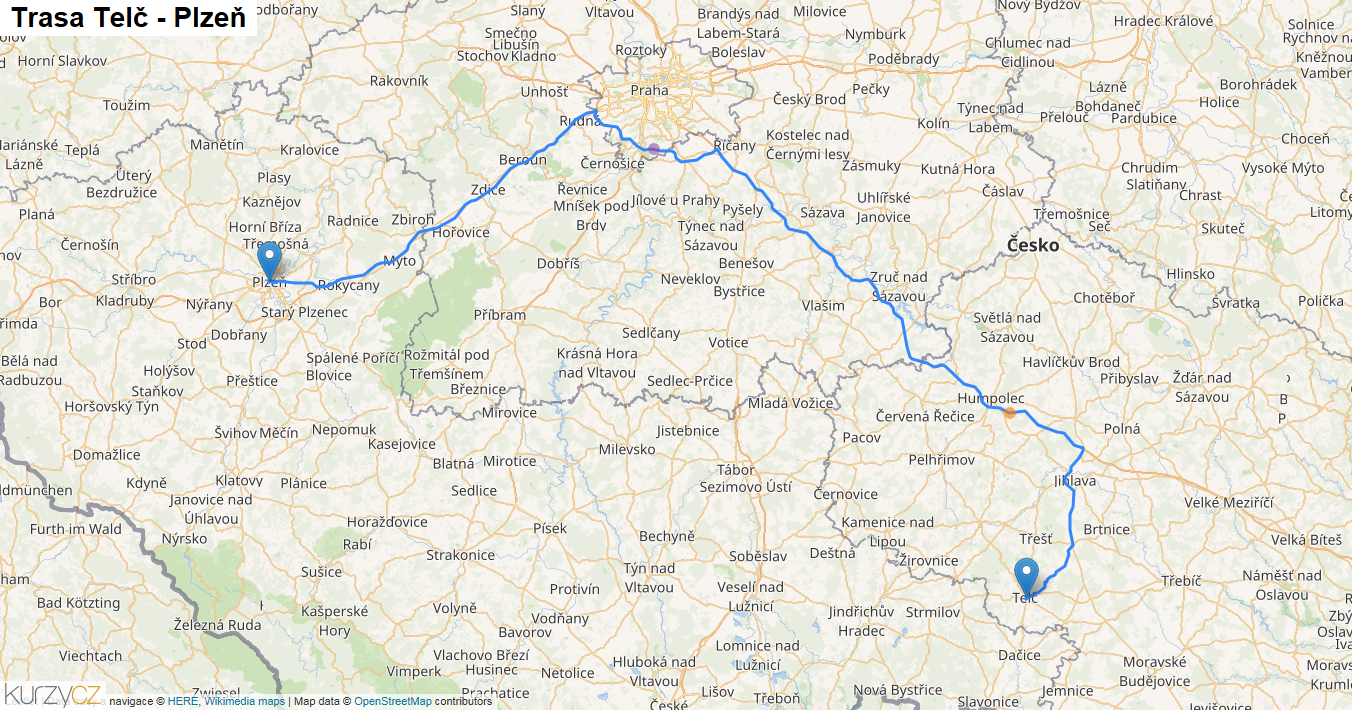Telč-Plzeň, mapa trasy
