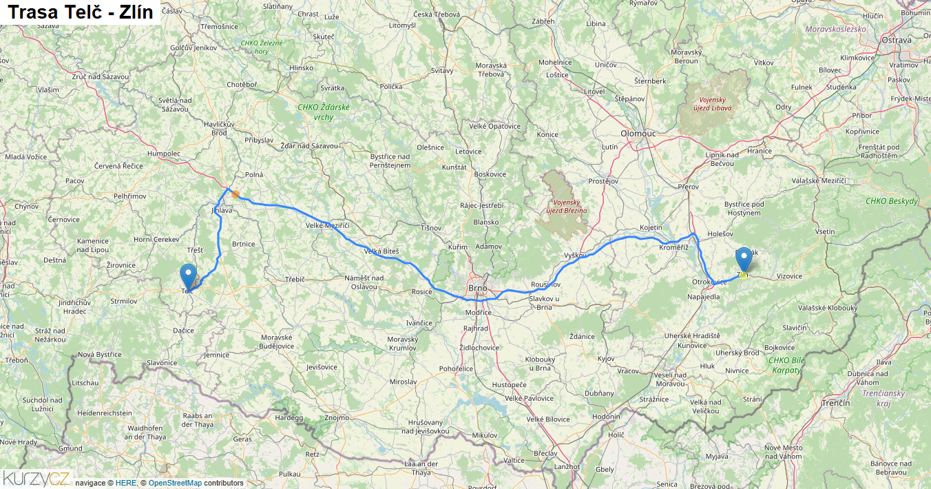 Telč-Zlín, mapa trasy