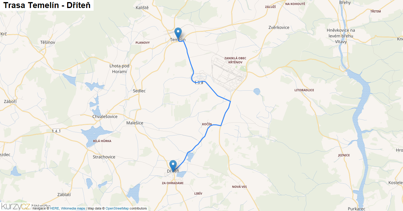 Temelín-Dříteň, mapa trasy