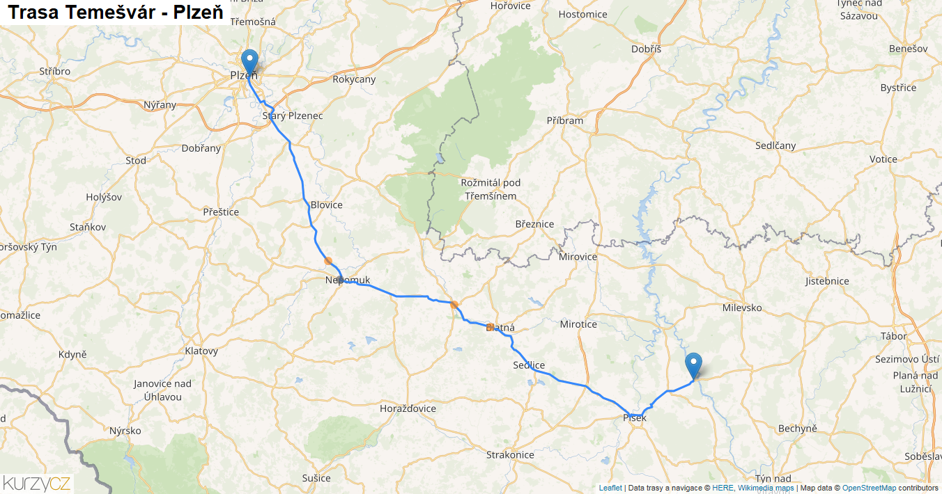 Temešvár-Plzeň, mapa trasy