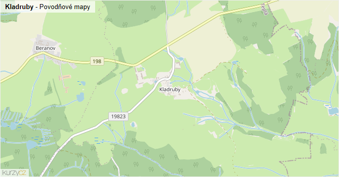 Kladruby - záplavové mapy stoleté vody