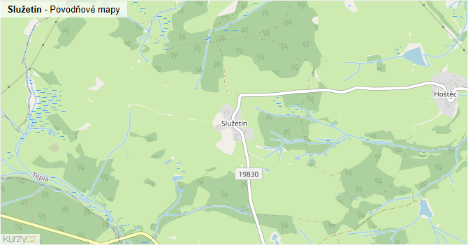 Služetín - záplavové mapy stoleté vody