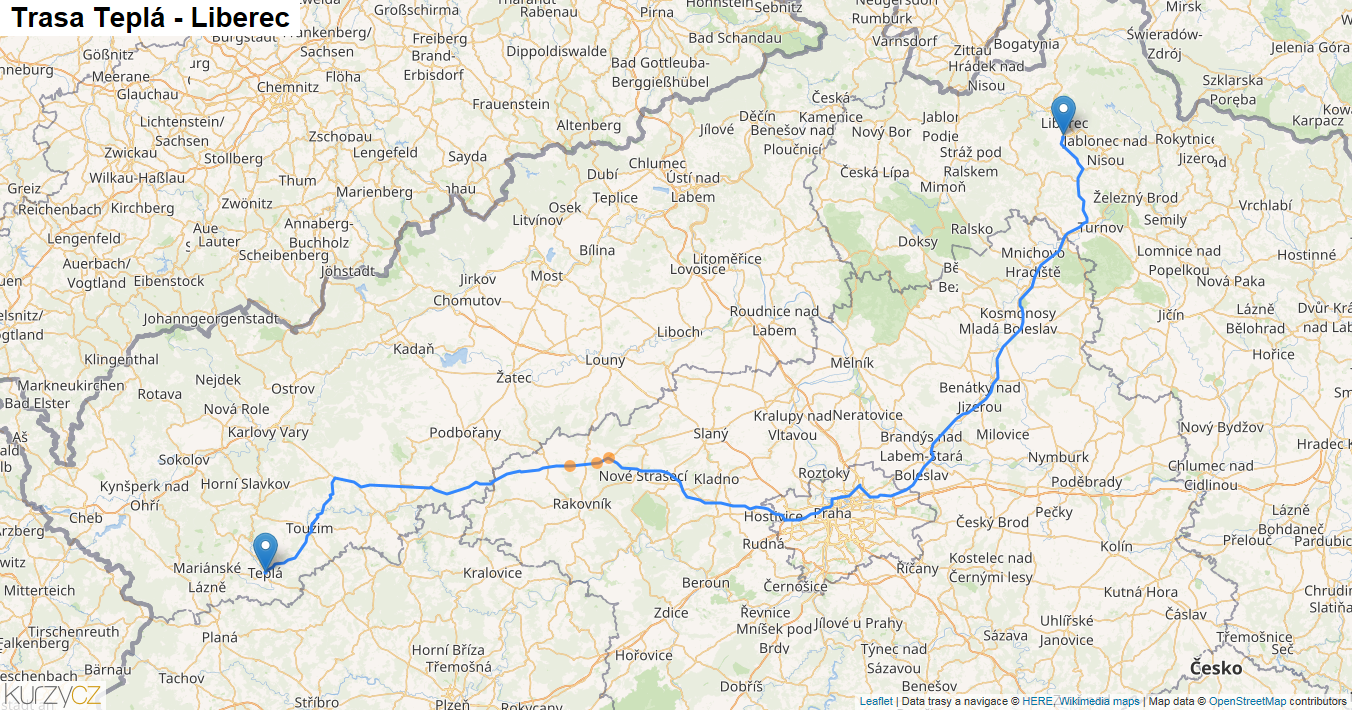 Teplá-Liberec, mapa trasy