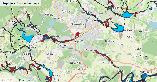 Teplice - záplavové mapy stoleté vody