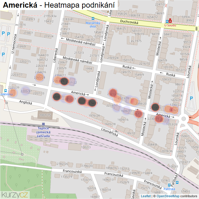 Mapa Americká - Firmy v ulici.