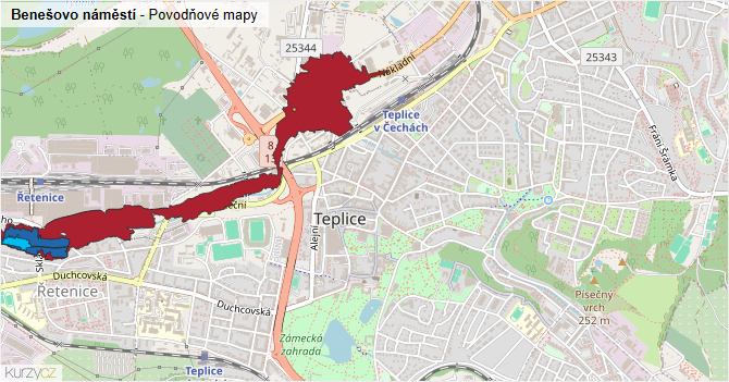 Benešovo náměstí - záplavové mapy stoleté vody