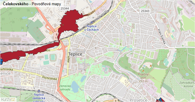 Čelakovského - záplavové mapy stoleté vody
