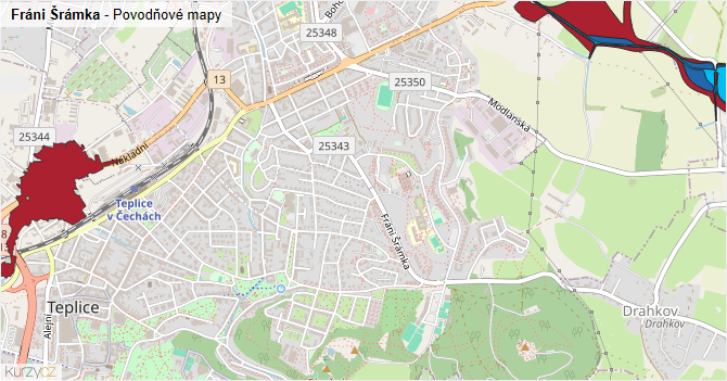 Fráni Šrámka - záplavové mapy stoleté vody