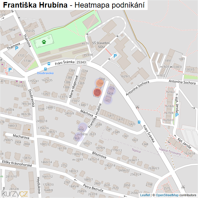 Mapa Františka Hrubína - Firmy v ulici.