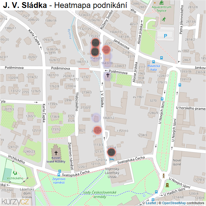 Mapa J. V. Sládka - Firmy v ulici.
