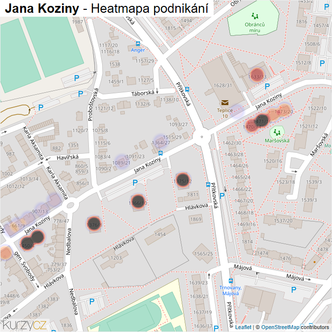 Mapa Jana Koziny - Firmy v ulici.