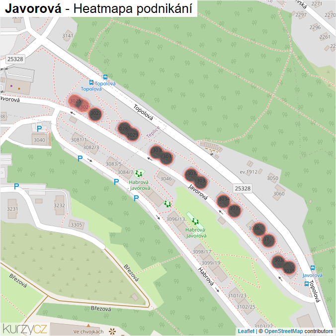 Mapa Javorová - Firmy v ulici.