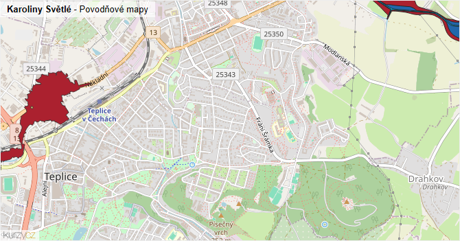 Karoliny Světlé - záplavové mapy stoleté vody